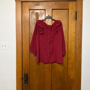 Pintstripe ruffled-winged blouse